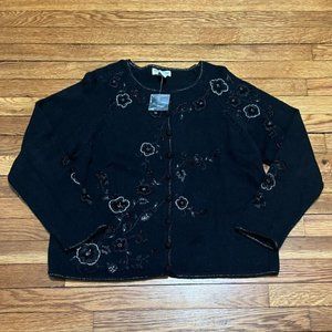 Heirloom Collectibles Women’s Black Cardigan Sweater Beaded Floral Pattern Large